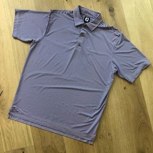 FootJoy Polo Shirt.  Royal blue stripe over light pink background. Size L.